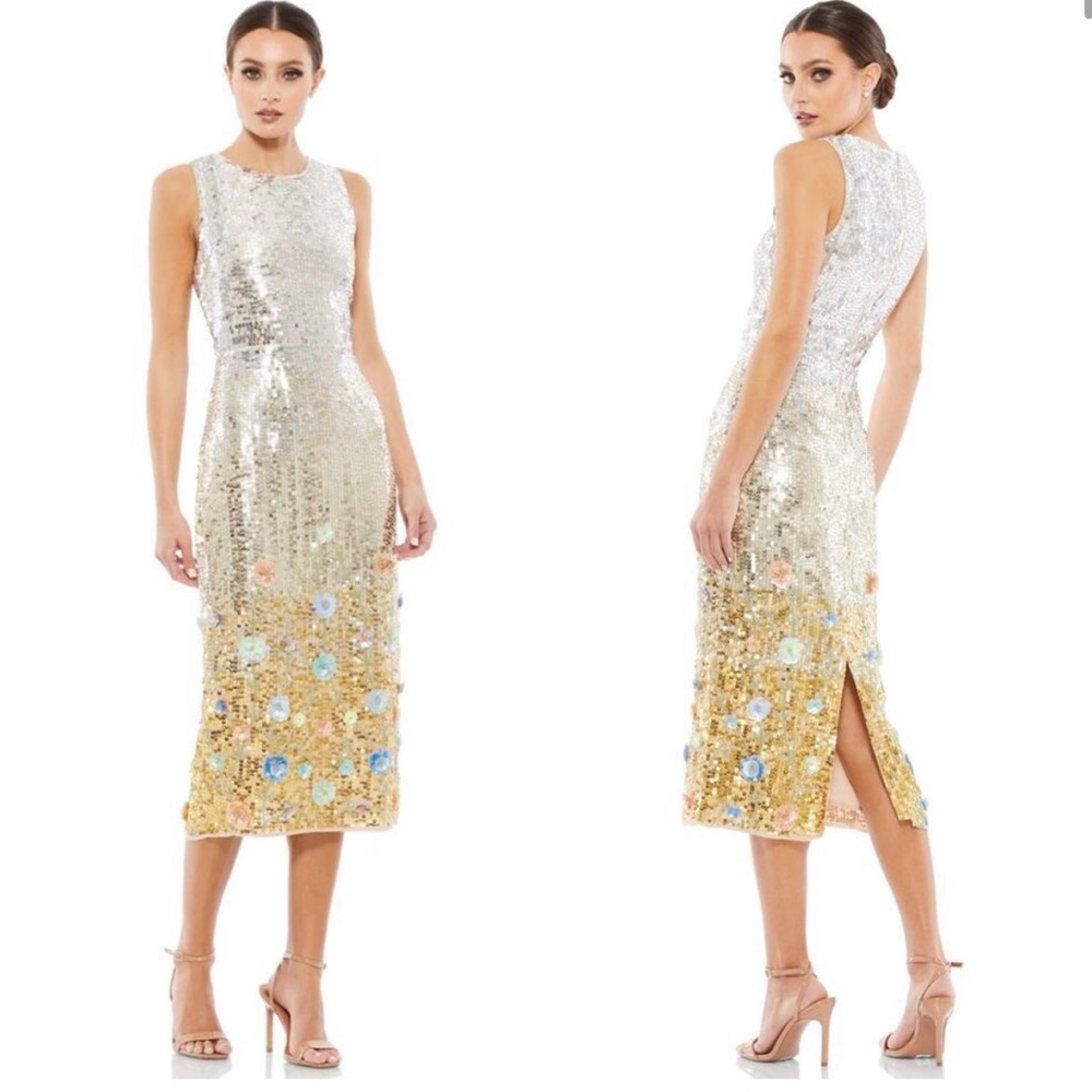 Mac Duggal Silver and Gold Sequin Midi Dress